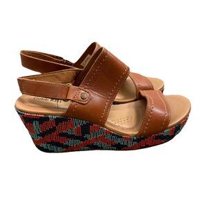 Cobb Hill Erika 2 Band Slingback Wedge Heel Sandals Brown Leather Womens Size 9